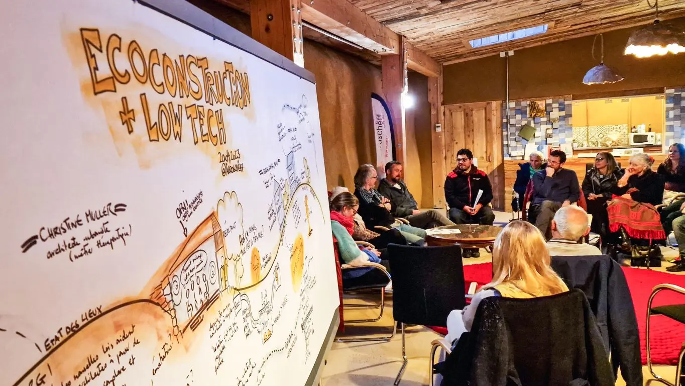 Live drawing on ecoconstruction and low tech beside a panel discussion