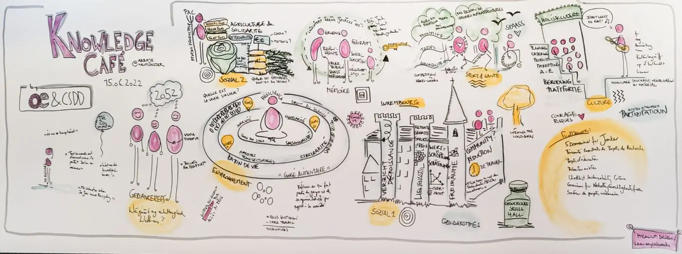 Panoramic graphic recording of a knowledge cafe conversation